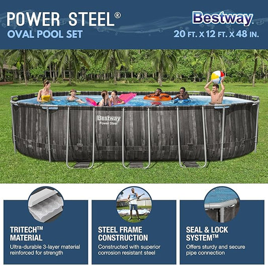 Bestway Power Steel 20' x 12' x 48" Oval Metal Frame Above Ground Outdoor Swimming Pool Set with 1500 GPH Filter Pump, Ladder, and Pool Cover