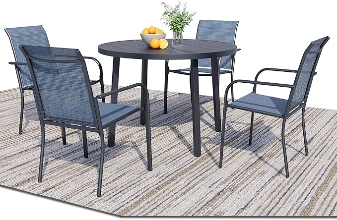 5 Pieces Patio Dining Set for 4, Blue Patio Stackable Chairs and Black Round Table Set of 4, Outdoor Furniture Set with Sling Support for Outside, Garden