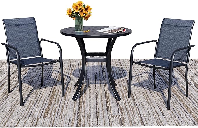 3 Piece Outdoor Dining Set, Patio Table and Chairs Set of 2, 27.6" Black Round Patio Table with 2 Dark Blue Stackable Patio Chairs for Lawn, Garden, Porch