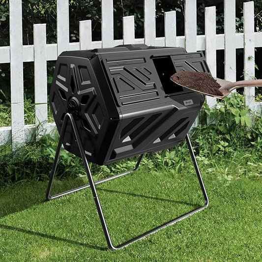 Werph 43 Gallon Compost Bin with Gloves, Fast Assembly & Easy Setup Outdoor Compost Tumbler, Updated Dual Chamber Tumbling Composter for Garden, Kitchen, and Yard Waste, Black