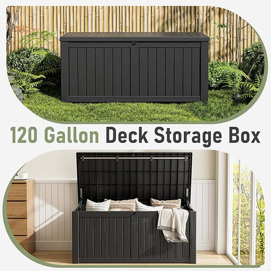 Outdoor Storage Box, Resin Deck Boxes Indoor and outdoor, Waterproof Storage Box Lockable Lid (Black, 150 Gallon)