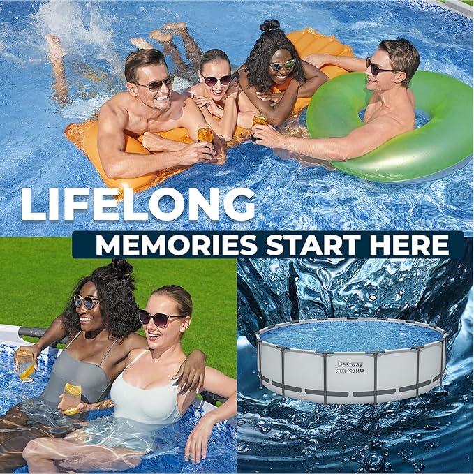 Bestway Steel Pro MAX 15' x 42" Above Ground Pool, Round Metal Frame Outdoor Swimming Pool Set with Filter Pump, Ladder, and Cover, Gray