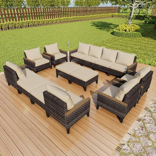 14 Pieces Patio Furniture Set, Wicker Rattan Outdoor Conversation Sets with Footstool, Modular Sectional Seating Set 2 Three Seater Sofa & 4 Single Armchairs & 4 Ottomans for Home (Beige Cushions)