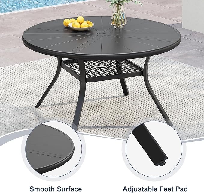 VICLLAX Round Patio Dining Table, 4-6 Person Aluminum Outdoor Dining Table with Umbrella Hole and Storage Shelf for Garden Lawn Deck, 47.2" Black