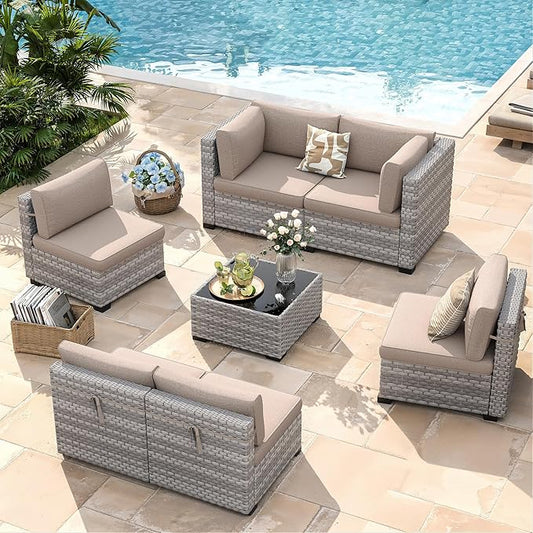 6-Seat Modular Patio Furniture Set – Outdoor Wicker Sectional Sofa with Thick 4″ Cushions, Dual-Strand PE Rattan, Rust-Resistant 18 mm Steel Frame, Backyard Garden Deck Lounge,Beige