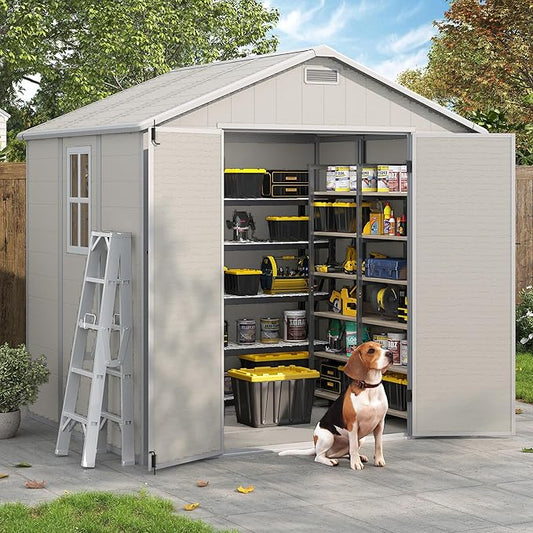 Amopatio 8x6 Storage Shed, Resin Outdoor Shed with Floor Included, Plastic Sheds Outdoor Storage for Bike, Garden Tools, Sheds & Outdoor Storage with Lockable Door, Window & Vents, Sandstone