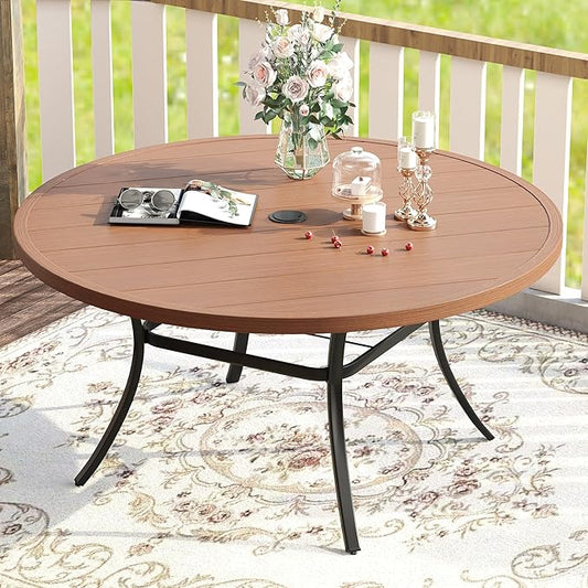 VICLLAX 53" Outdoor Round Patio Table for Lawn Garden, All Weather Metal Round Patio Dining Table with Adjustable Umbrella Hole, Patio Table for 8 Person, Walnut Tabletop