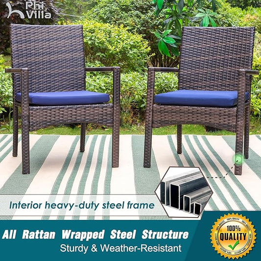 PHI VILLA 5 Piece Patio Dining Table Set for 4, 42” Round Steel Dining Table with Umbrella Hole & 4 Cushioned Wicker Chairs for Outdoor, Deck, Yard, Porch