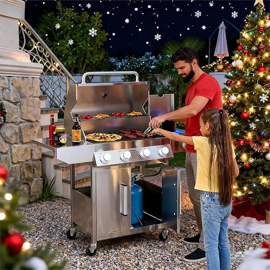 SKOK 4-Burner Propane Gas BBQ Grill with Side Burner & Porcelain-Enameled Grilling Grates,Stainless Steel Grill with 544 Sq. In. Grilling Area for Outdoor Cooking,58,000 BTU Output