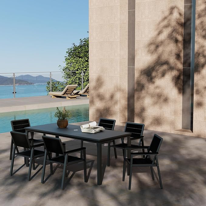 Kingdura 7 Piece Patio Dining Set for 6, HDPE Outdoor Table & Chairs with Umbrella Hole, All-Weather Outdoor Furniture Patio Conversation Set for Lawn Pool Backyard, Dark Grey
