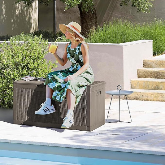 Devoko 97 Gallon Deck Box, Waterproof Resin Outdoor Storage Box for Outside and Patio, Large Outdoor Storage Bench Cabinet Lockable for Patio Furniture, Garden Tools and Pool Supplies (Brown)