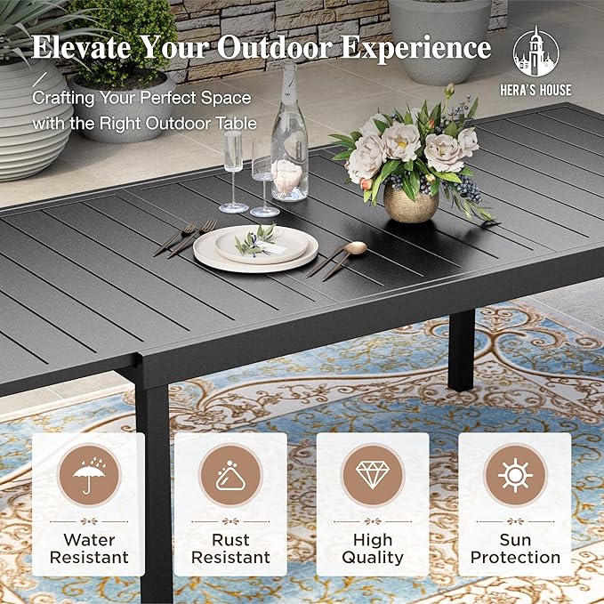 HERA'S HOUSE Expandable Patio Dining Table, Rectangular Black Metal Outdoor Deck Table for 8 Person