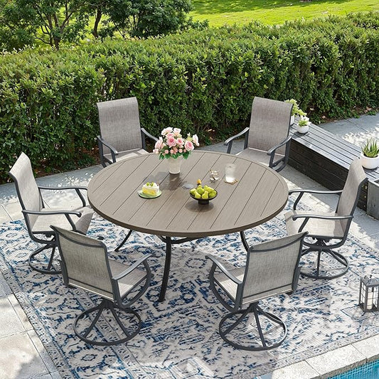 DIFY Patio Round Dining Table, 53" All Weather Round Outdoor Table with 1.57" Umbrella Hole for 8 Person, Perfect for Yard, Balcony and Lawn, Grey Wood-Like