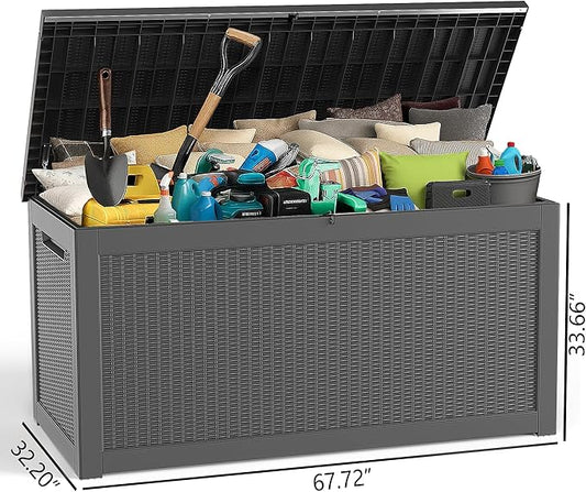 320 Gallon Large Deck Box,Resin Outdoor Storage Box with Lockable for Patio Furniture, Pool Accessories, Garden Tools Waterproof Outside Storage Box, Black