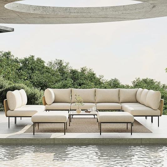 11 Piece Modern Outdoor Rope Wicker Sectional Patio L-Shaped Conversation Sofa Set Deep Seating with Thick Cushions