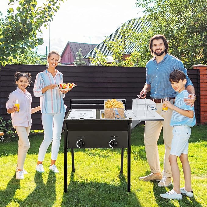 Two Tank Outdoor Deep Fryer with Baskets | Propane Deep Fryer with 2 Stainless Steel Basket & Lid Covers | Large Oil Tank Capacity with Regulating Knobs (Black)