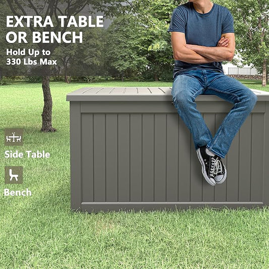 230 Gallon Large Resin deck box Waterproof,Outdoor Storage Bench,Patio Storage Box,Garden Tool Storage,UV-Resistant & All-Weather,Wood-like Striped Gray