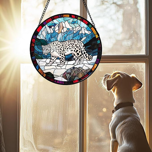 HKDGOKA Stained Glass Window Hanging Blue White Snow Mountain Leopard Large 11.8" - Suncatcher Door Garden Sunroom Sun Catcher Home Decor Birthday Christmas for Mom Men Woman Nana