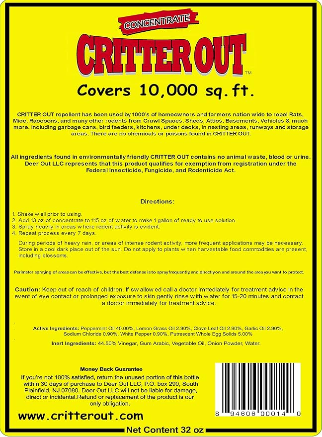 Mouse & Rat Repellent: Peppermint Oil Rodent Repellent, Get Rid of Rats, Mice & Rodents in Your Home & Outside, Protect Engine Wiring, Prevent Nesting, Stops Chewing. Critter Out 32oz Concentrate
