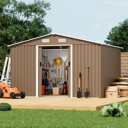 Kurapika 10×8 FT Outdoor Storage Shed Large Metal Tool Shed with Floor, Window and Lockable Door, for Garden, Patio, Backyard, Lawn(Brown)