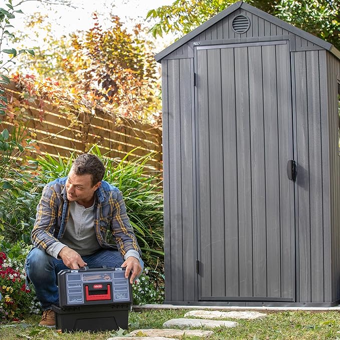 Keter Darwin 4x6 Feet Outdoor Storage Shed, Graphite Gray – Lockable Resin Organizer Unit with Single Door, Window, and Skylight for Backyard, Garden, or Lawn Organization