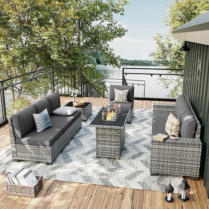 UDPATIO Patio Furniture Set with Fire Pit Table, 8 Inch Armrest Outdoor Sectional Sofa, 9 Piece Wicker Outdoor Furniture Conversation Sets with Waterproof Cover for Backyard Deck(Grey/Dark Grey)