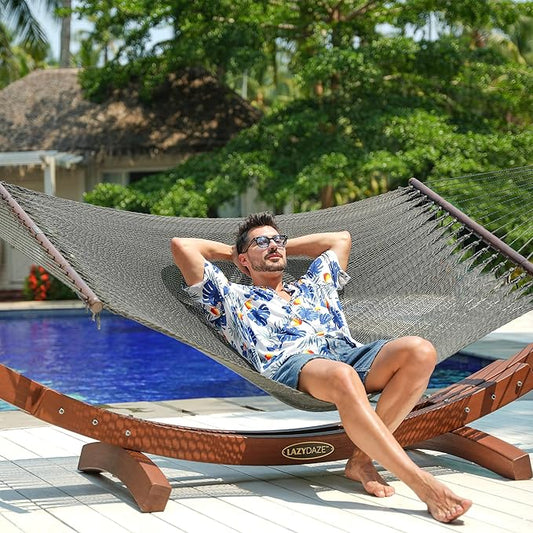 Lazy Daze Hammocks 10.5 FT Double 2 Person Caribbean Rope Hammock, Hand Woven Polyester Hammock with Spreader Bars, for Outside Outdoor Backyard Patio Poolside, 450 LBS Capacity, Gray