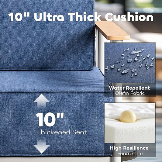 Luxury Patio Chairs Set of 2 with 10" Extra Thick Cushions, Outdoor Furniture with Rustproof Metal Frame and Olefin Fabric, Outdoor Patio Chairs for Porch, Balcony, Deck, Yard, White/Blue