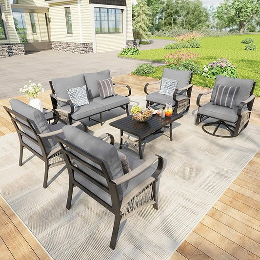 7 Pieces Patio Conversation Sets, All Weather Metal Outdoor Furniture Set Includes 2 Swivel Rockers with Side Table and Loveseat with Coffee Table 2 Single Chairs for Backyard Garden Deck Porch, Gray