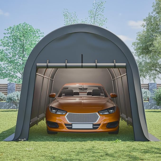 Anti-Snow 10x20 FT Carport,Grade Heavy Duty Portable Garage Canopy with Steel Frame & Vented Roof,Waterproof Outdoor Storage Shed W/Removable Double-Zipper Doors,for Vehicle, Boat,RV,Grey