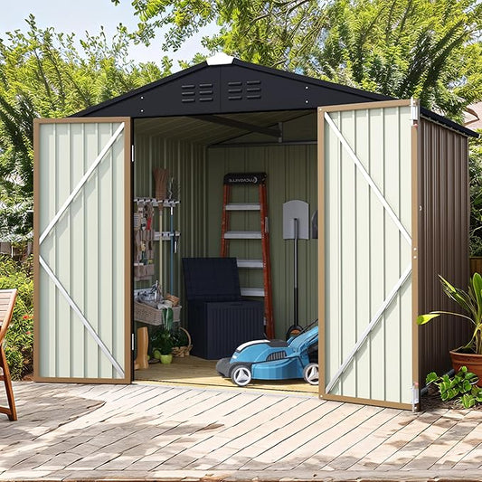 Flamaker 6x8 FT Storage Shed Waterproof Metal Garden Shed with Lockable Door Utility Tool Shed Outdoor Storage for Backyard, Patio and Lawn, Brown
