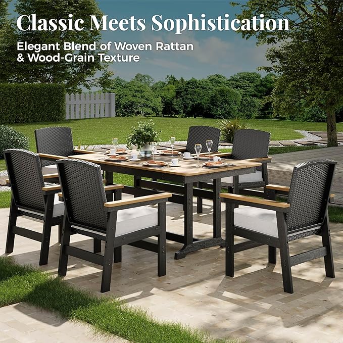 MIXPATIO 7-Piece Outdoor Patio Dining Sets, Patio Table and Chairs Set, HDPE Outdoor Dining Set, Rattan Wicker Patio Set with Ultra-Soft Cushions for Backyard, Deck, Garden - Black