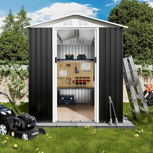 6x9ft Outdoor Metal Storage Shed Waterproof Garden Shed with Lockable Door, Windows & Vents, Tool Metal Storage for Patio Furniture Lawnmower(Grey)