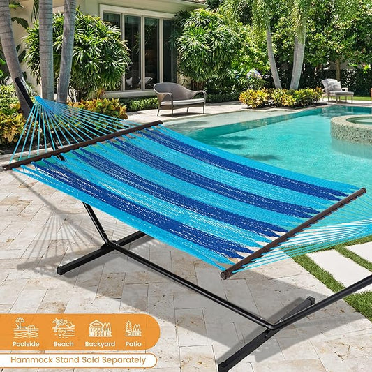 Lazy Daze Hammocks 10.5 FT Double 2 Person Caribbean Rope Hammock, Hand Woven Polyester Hammock with Spreader Bars, for Outside Outdoor Backyard Patio Poolside, 450 LBS Capacity, Blue/SkyBlue