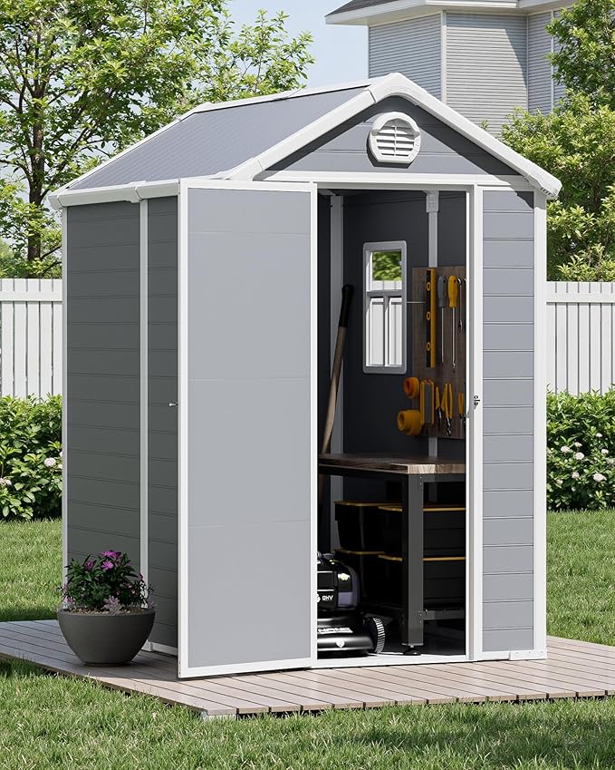 6x4.5 Resin Outdoor Storage Shed with Enhanced Roof Runoff & Floor, Secure Hidden Screws Design, Durable Build for Deck, Pool Supplies, and Versatile Storage, Aritic Light Grey