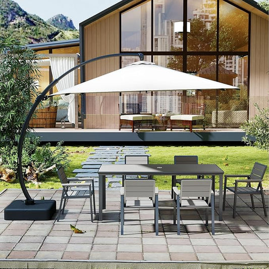Kingdura 7 Piece Patio Dining Set for 6, HDPE Outdoor Table & Chairs with 11ft Cantilever Patio Umbrella, All-Weather Outdoor Furniture Patio Conversation Set for Lawn Pool Backyard, Grey
