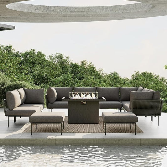 11 Piece Modern Outdoor Rope Wicker Sectional Patio L-Shaped Conversation Sofa Set Deep Seating with Fire Pit Table