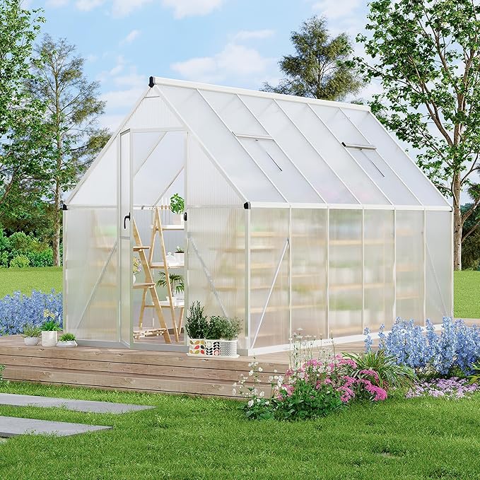 Polycarbonate Greenhouse for Outdoors, Large Walk-InGreenhouse with Quick Setup Structure and Roof Vent, Greenhouse with Ventilation