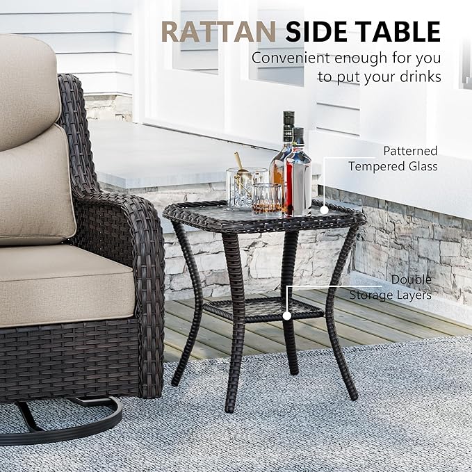 Patio Swivel Chairs Set of 4 and Side Table, Outdoor Swivel Rocker Patio Chairs with High Back and Thick Cushions, Wicker Patio Furniture Set for Porch, Deck Use (Beige, 6 PCS)