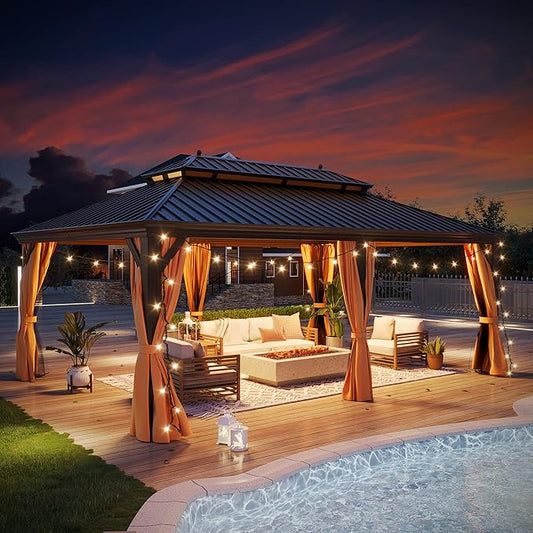 GAZEBEST 14' X 20' Hardtop Gazebo, Outdoor Galvanized Steel Double Roof Permanent Aluminum Frame Pavilion Pergola Canopy with Privacy Curtains for Garden, Patio, Backyard, Deck and Lawns.