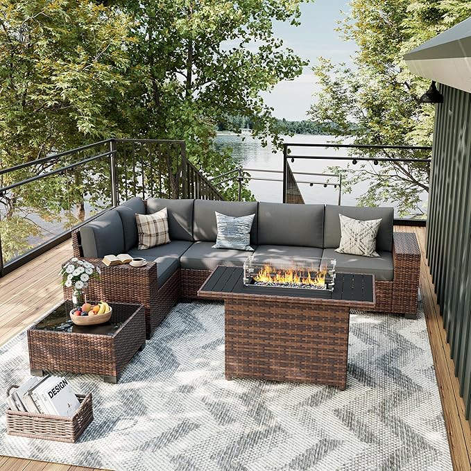 UDPATIO Patio Furniture Set with Fire Pit Table, 8 Inch Armrest Outdoor Sectional Sofa, 7 Piece Wicker Outdoor Furniture Conversation Sets with Waterproof Cover for Backyard Deck(Brown/Dark Grey)