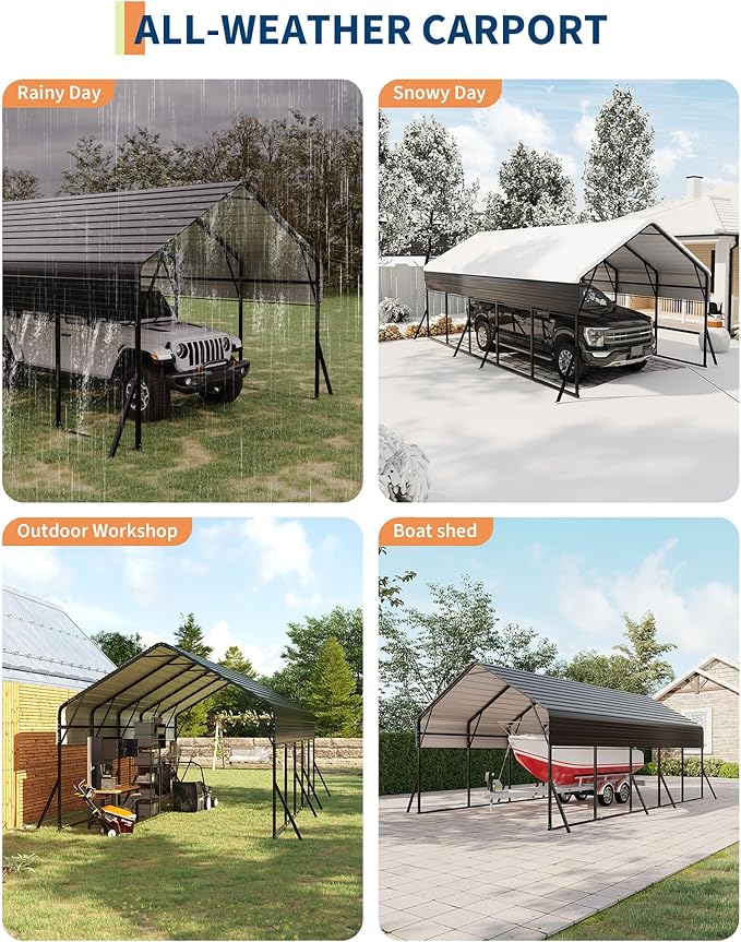 13'x26' Metal Carport, Heavy Duty Car Ports Kit for Trucks, Boats, RV, Tractor, Reinforced Frame with Anchors, Easy Assembly