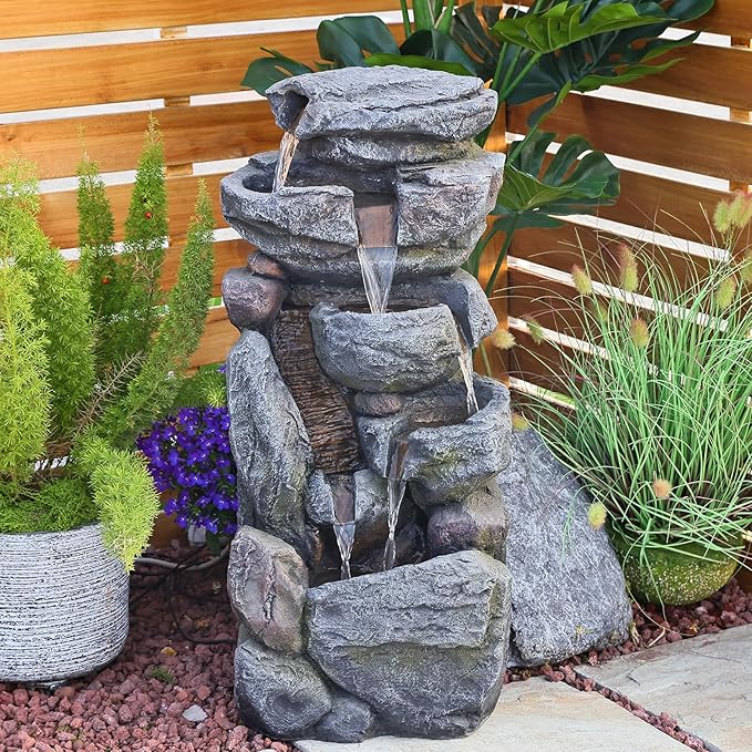 Bumilgar Water Features Outdoor Patio 6-Tier Cascading Rock Water Fountain 31.5''Water Fall Fountain Outside Resin Fountain with Light Mossy Rock Floor Garden Fountain Indoor for Relaxation Home Decor