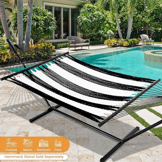 Lazy Daze Hammocks 10.5 FT Double 2 Person Caribbean Rope Hammock, Hand Woven Polyester Hammock with Spreader Bars, for Outside Outdoor Backyard Patio Poolside, 450 LBS Capacity, Black/White