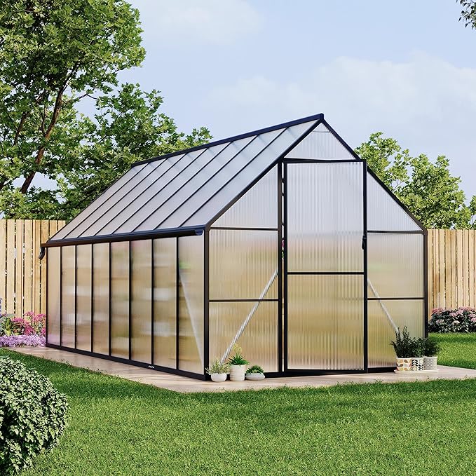 Polycarbonate Greenhouse for Outdoors, Large Walk-InGreenhouse with Quick Setup Structure and Roof Vent, Greenhouse with Ventilation and Rain Gutter