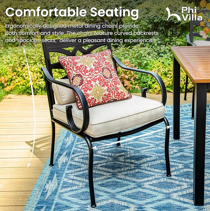 PHI VILLA Patio Dining Set for 6, 7 PCS Outdoor Dining Sets - 1 Rectangle 37x60in Dining Table (1.57" Umbrella Hole) & 6 Patio Dining Chairs,Metal Patio Furniture for Outdoor Kitchen Lawn and Garden
