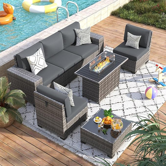 7 Piece Patio Furniture Set with Fire Pit Table, Outdoor Conversation Sets Wicker Rattan Sectional Sofa with Coffee Table, 4'' Thickened Cushion Dark Grey (Include Waterproof Cover)