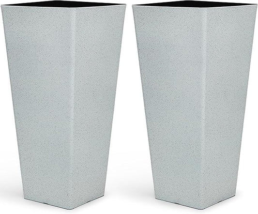 28" Plant Pots Tall Planters for Plants Outdoor Large Set of 2 Plastic Flower Pots Tapered Plant Containers Front Porch Decor for Garden, Patio, Deck, Indoor Terrazzo White