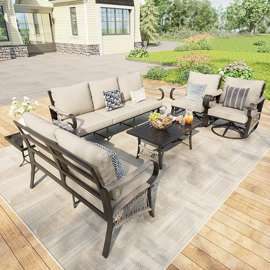 6 Pieces Outdoor Patio Conversation Sets, Outdoor Furniture Set Metal Swivel Rocking Chairs with Side Table, Loveseat Sofa with Coffee Table, 3-Seater Couch for Backyard Deck Porch Poolside, Beige
