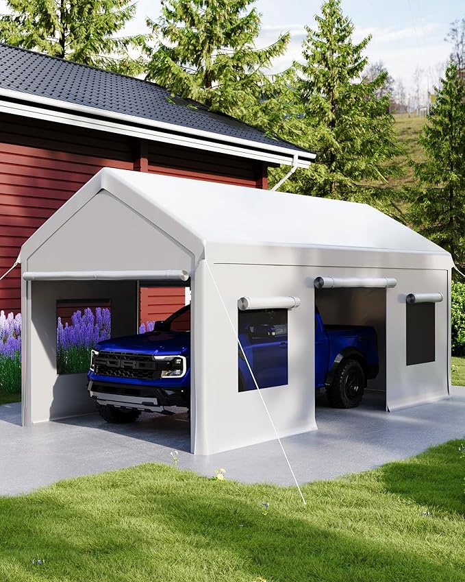 Garvee 10x20 Carport Canopy, Heavy Duty Car Port with Waterproof Tarp, Roll-Up Windows & Doors, Outdoor Portable Garage with Removable Sidewalls, for Car, Boat, Truck, Motorcycle, White